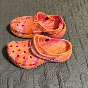 Orange and pink tie dye crocs size 5.